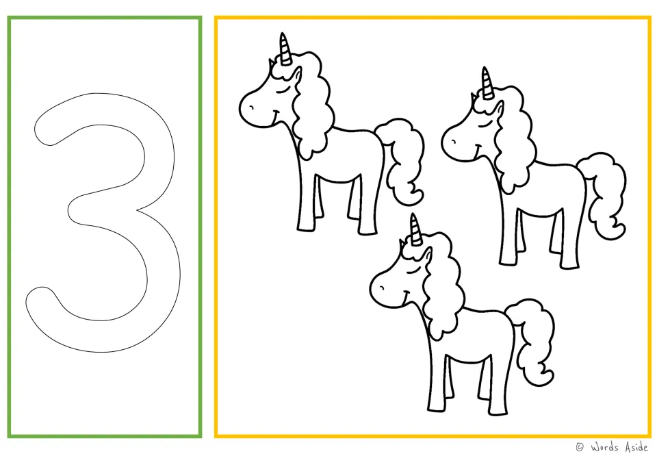 Number and quantity card 3: outlined numeral 3 and three unicorns for number tracing and coloring practice.