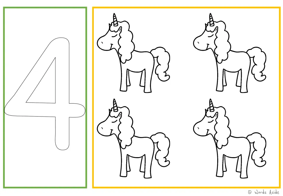 Number and quantity card 4: outlined numeral 4 and four unicorns for number tracing and coloring practice.