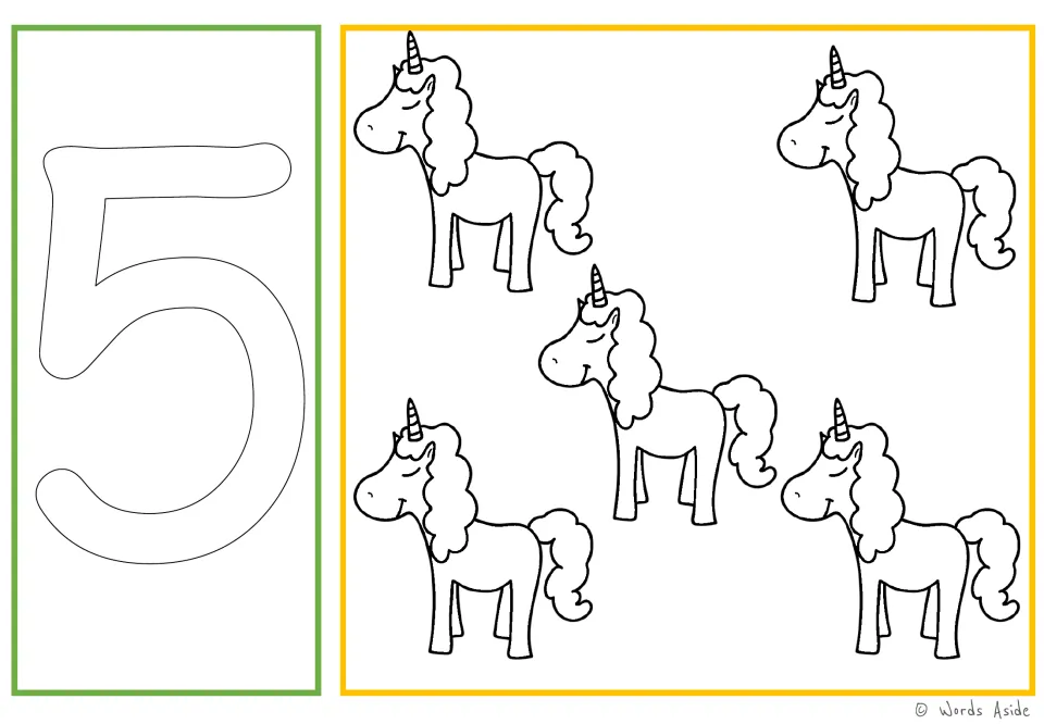 Number and quantity card 5: outlined numeral 5 and five unicorns for number tracing and coloring practice.