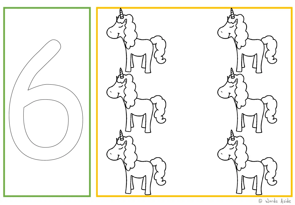 Number and quantity card 6: outlined numeral 6 and six unicorns for number tracing and coloring practice.