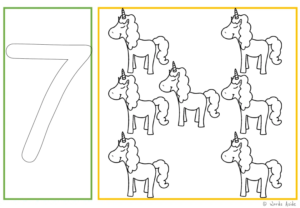 Number and quantity card 7: outlined numeral 7 and seven unicorns for number tracing and coloring practice.