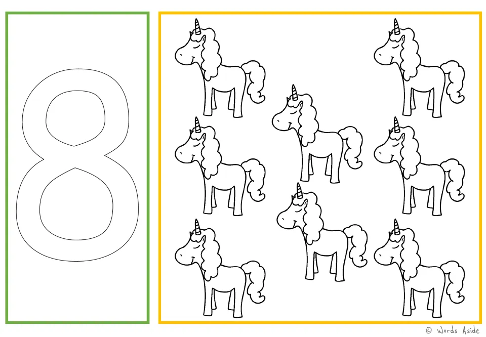 Number and quantity card 8: outlined numeral 8 and eight unicorns for number tracing and coloring practice.