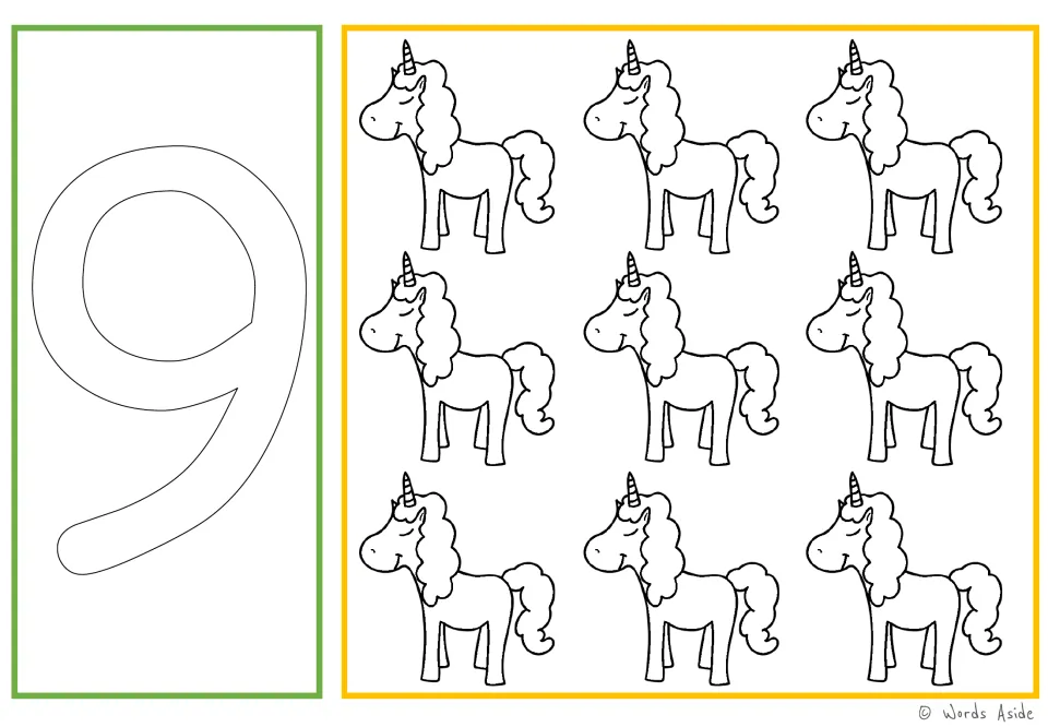 Number and quantity card 9: outlined numeral 9 and nine unicorns for number tracing and coloring practice.