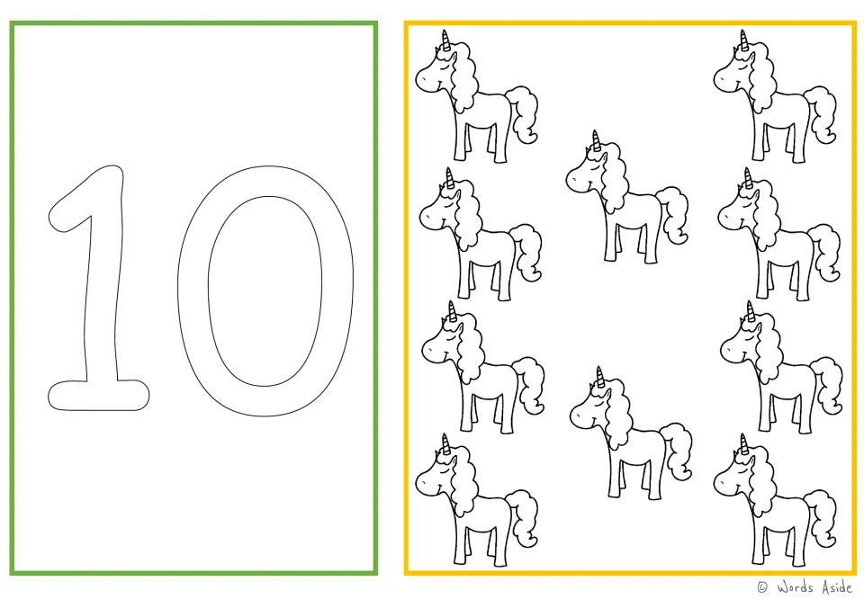 Number and quantity card 10: outlined numeral 10 and ten unicorns for number tracing and coloring practice.