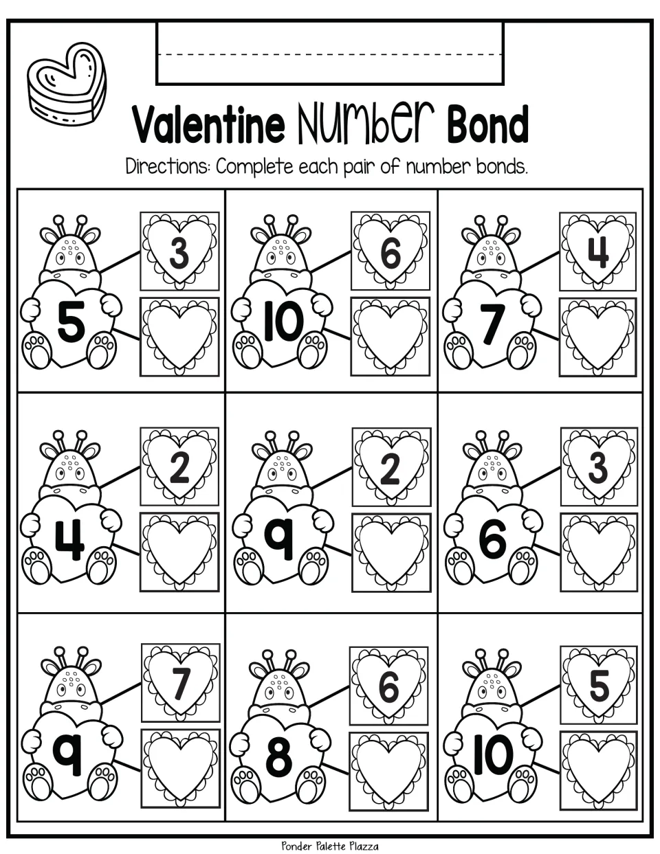 Valentine Number Bond: students find the missing part in 9 bonds within 10, starting with whole 5 and part 3