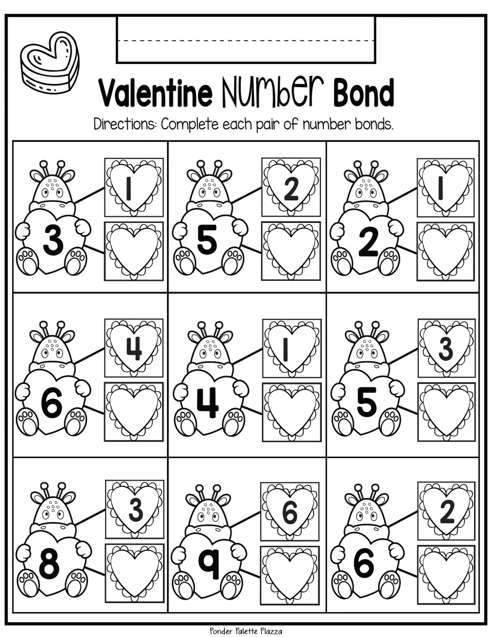 Number bonds with wholes from 2 to 9: students fill the empty heart in 9 bonds, such as 3 with 1 and 2 with 1
