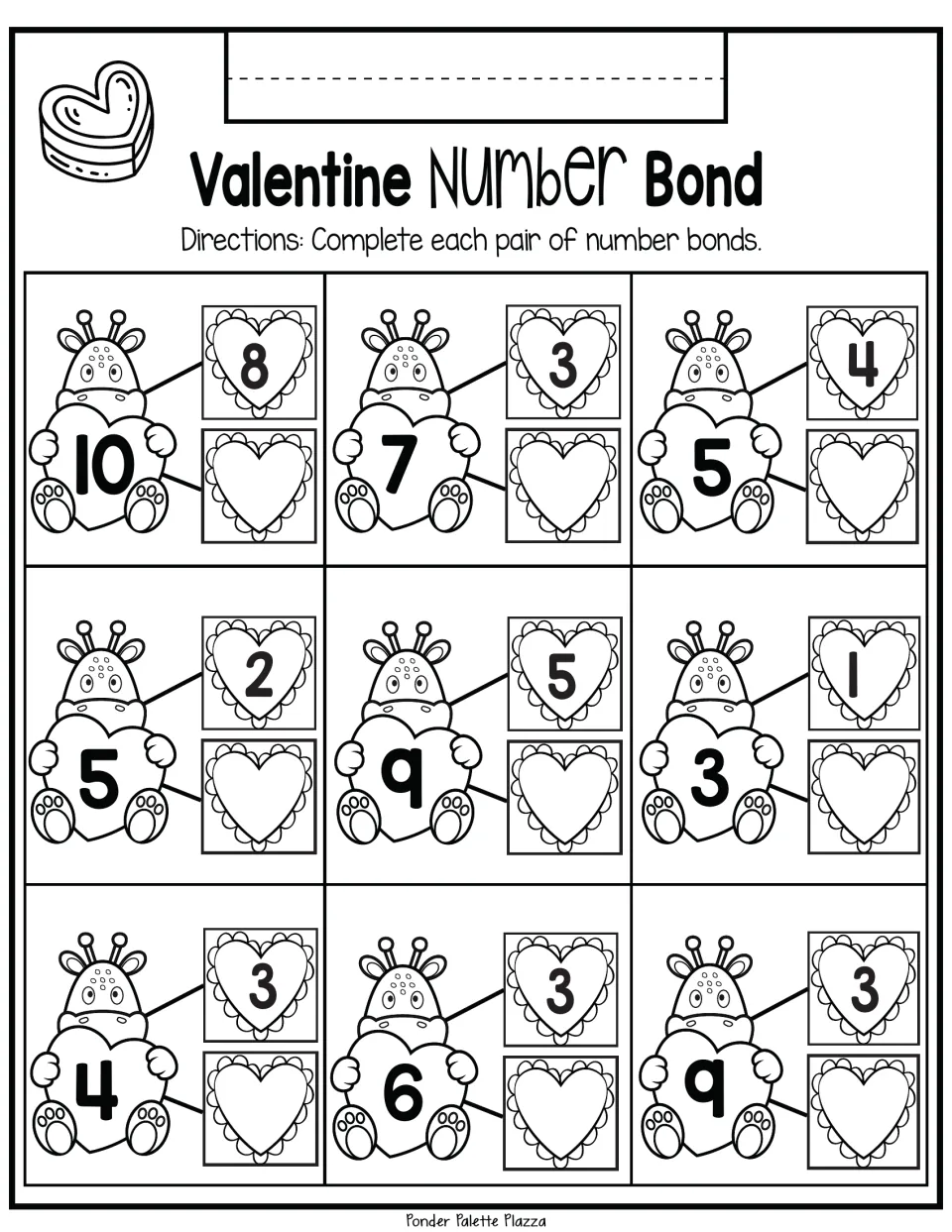 Valentine giraffe number bonds: students write the missing part for 9 wholes, including 10 with 8 and 7 with 3