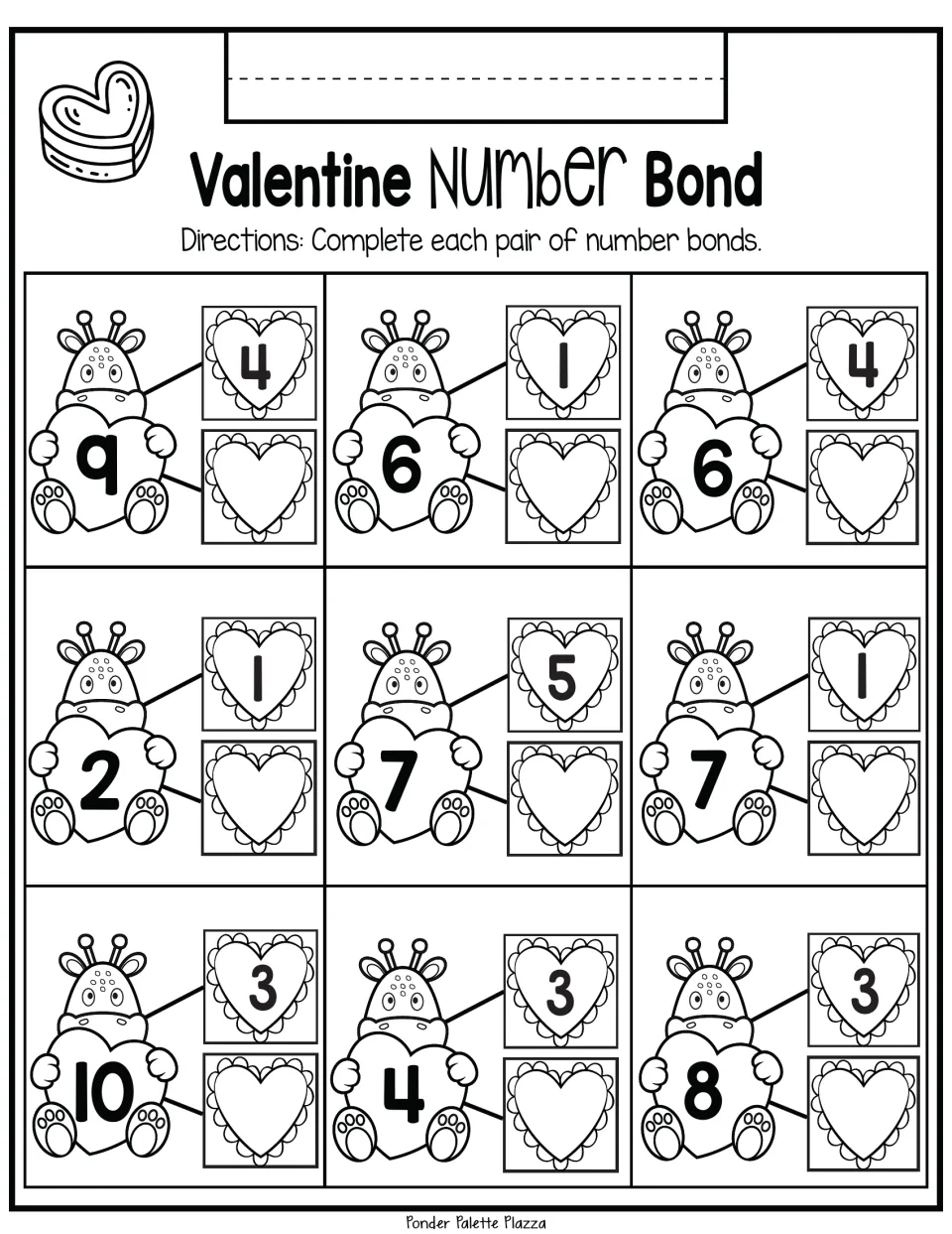 Missing-part number bonds: students complete 9 Valentine bonds, beginning with whole 9 and part 4, then 6 and 1