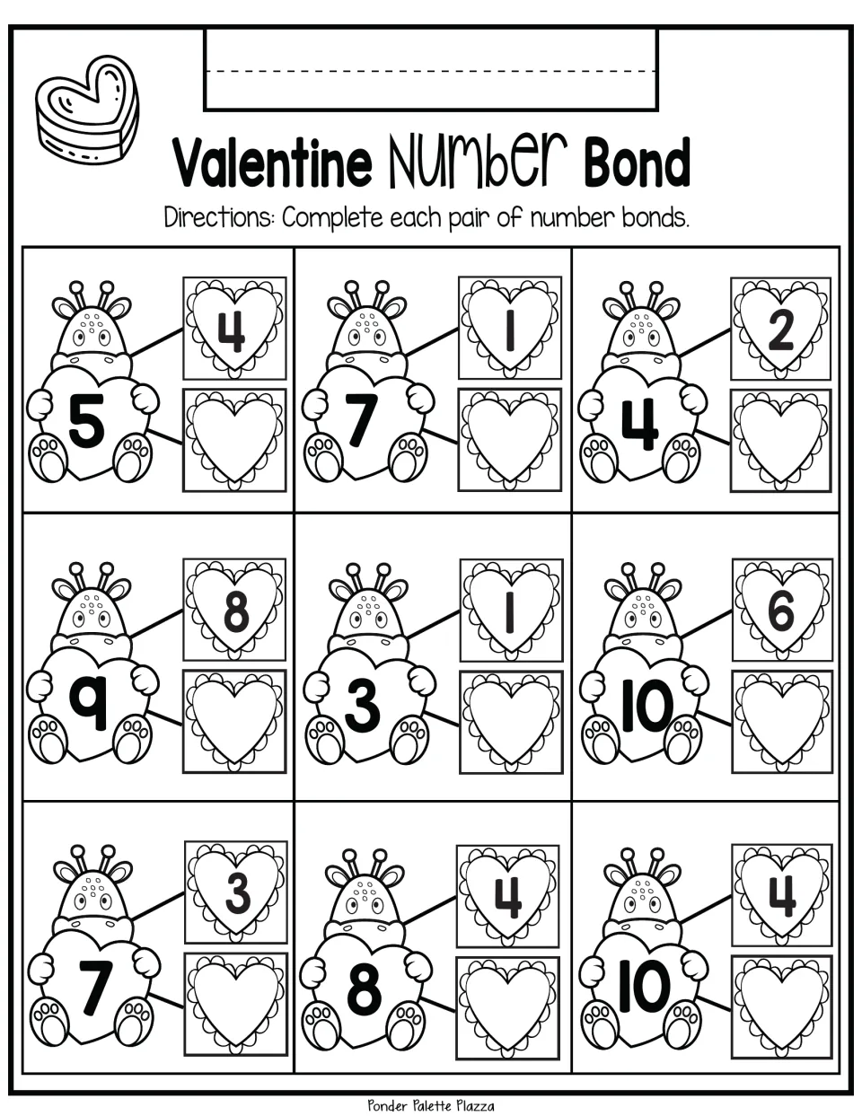Number bonds to 10 on hearts: students write each missing part for 9 bonds, such as 5 with 4 and 10 with 6
