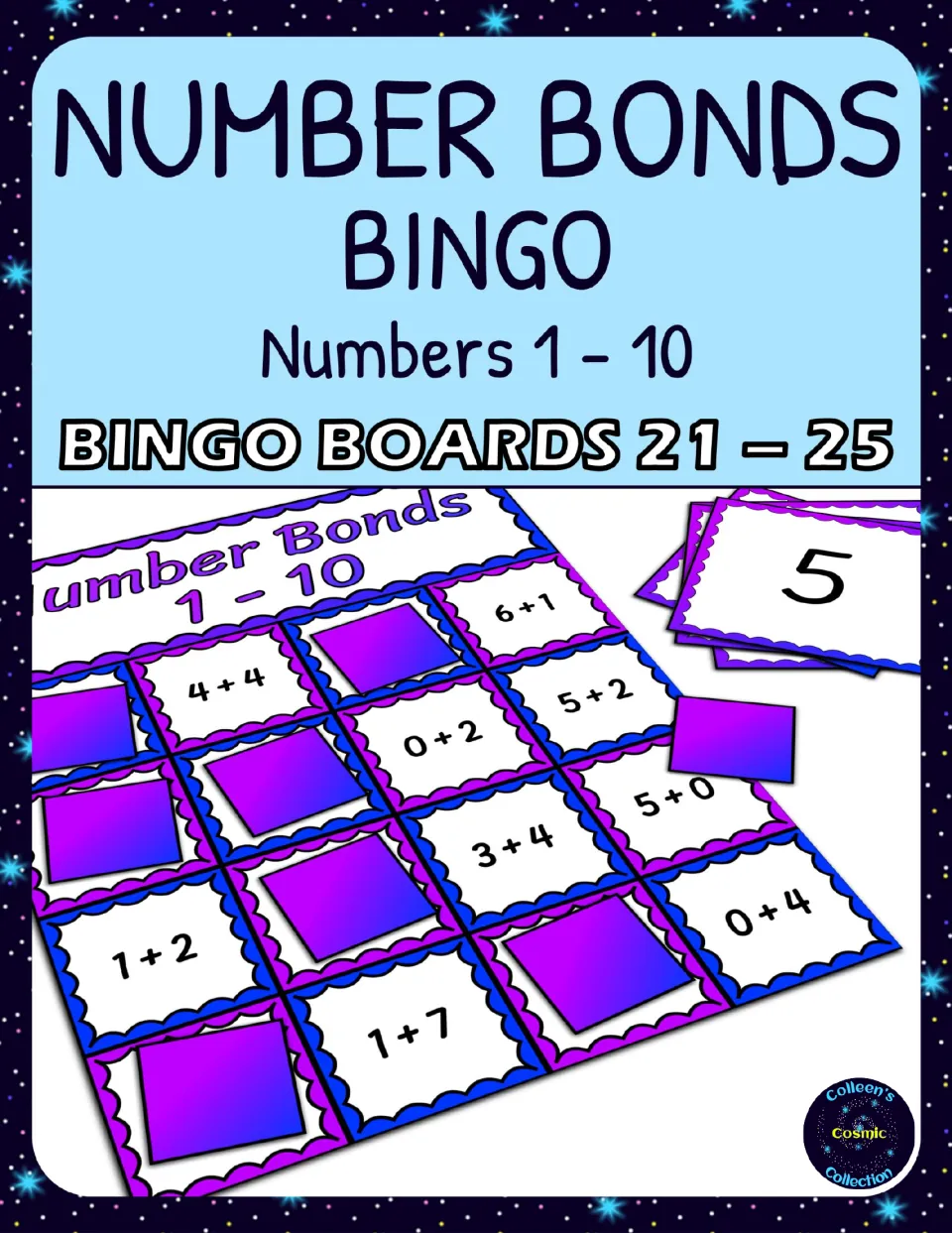 Number Bonds 1-10 Bingo - Boards 21-25 cover showing addition expressions, playing squares, and a number card