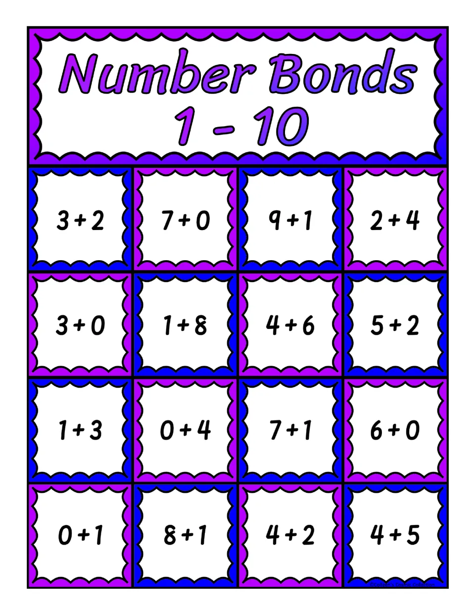 First number bonds bingo board with 16 addition expressions, including 3 + 2, 7 + 0, 9 + 1, and 2 + 4