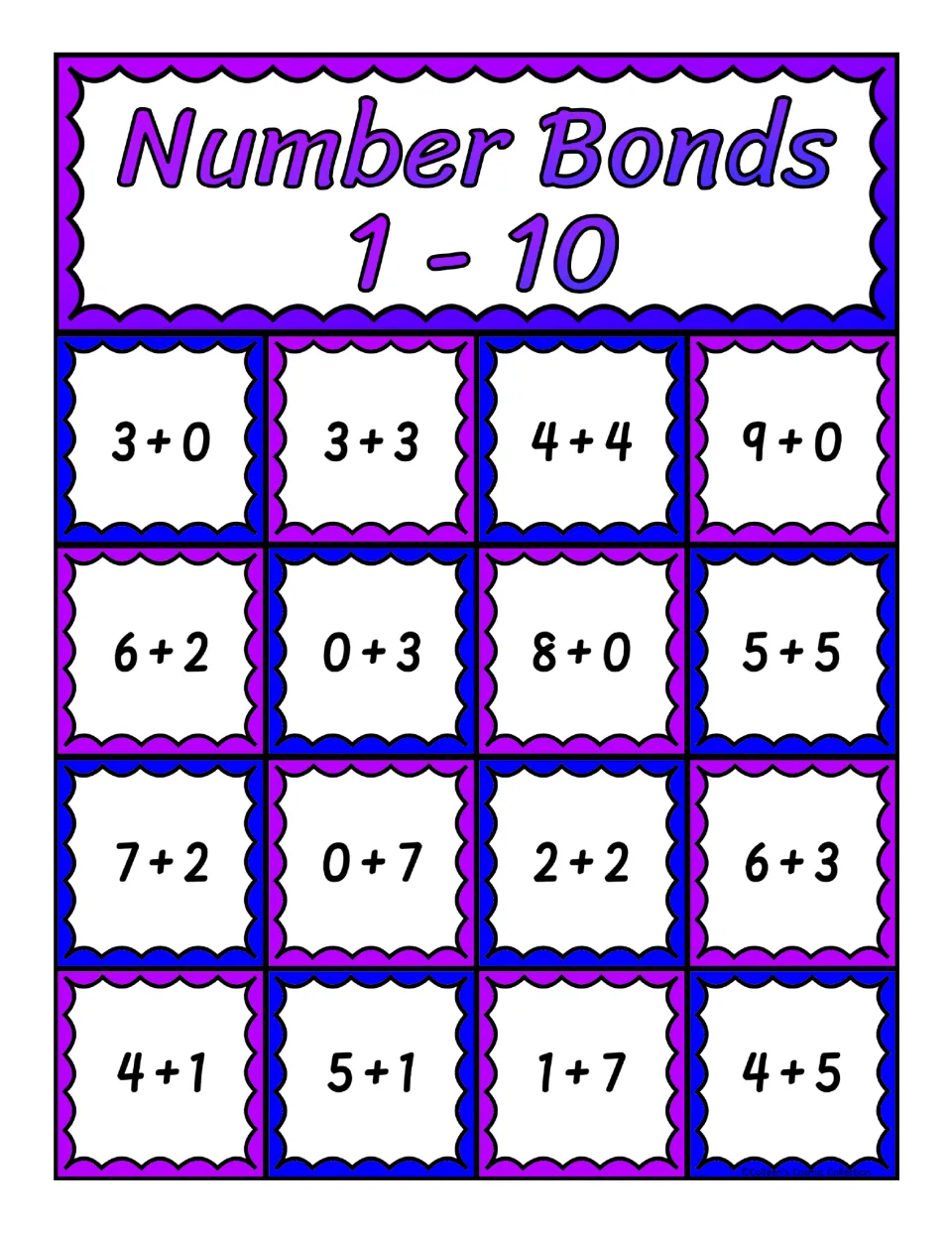 Second number bonds bingo board with 16 addition expressions, including 3 + 0, 3 + 3, 4 + 4, and 9 + 0