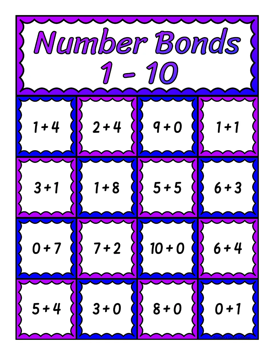 Third number bonds bingo board with 16 addition expressions, including 1 + 4, 2 + 4, 9 + 0, and 1 + 1