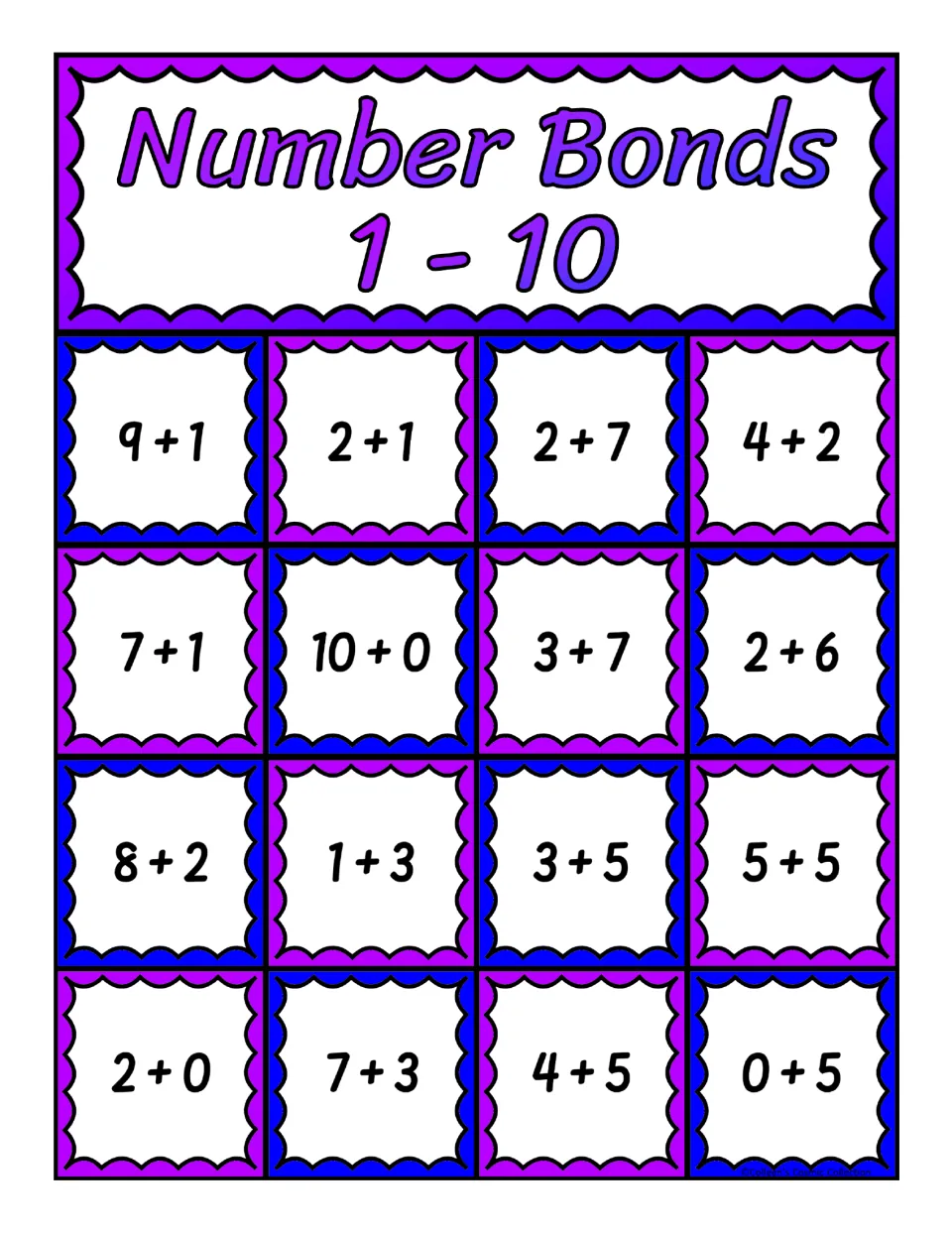 Fourth number bonds bingo board with 16 addition expressions, including 9 + 1, 2 + 1, 2 + 7, and 4 + 2