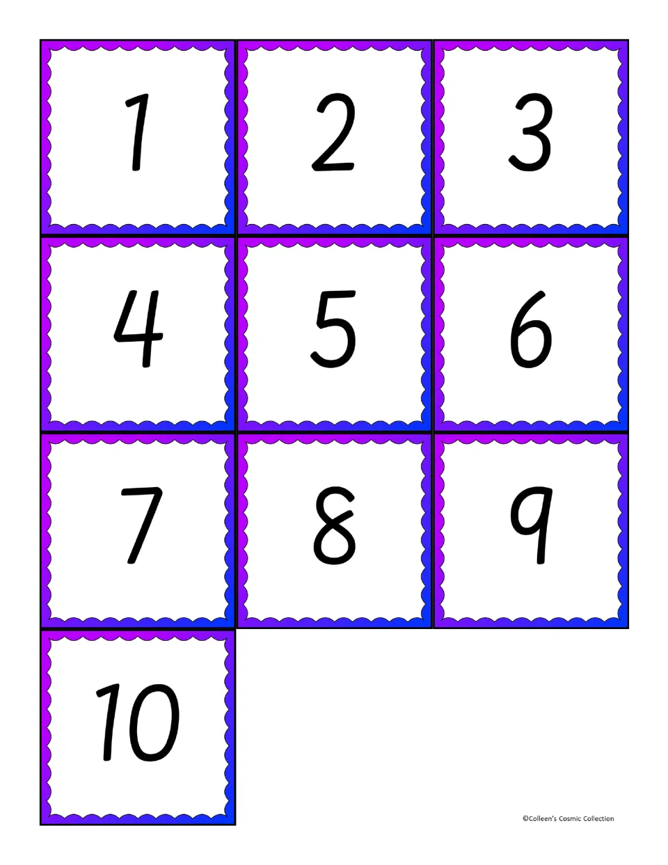 Ten bingo calling cards numbered 1 through 10 for students to match to addition expressions on their boards