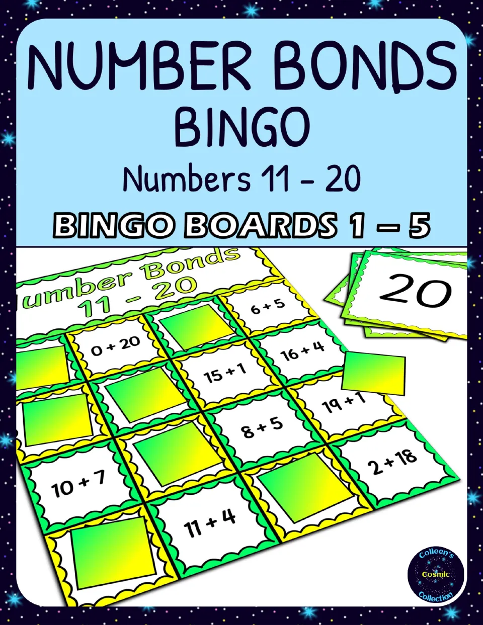 Number Bonds Bingo cover for numbers 11 to 20, boards 1 to 5, showing a board of sums like 6 + 5 and a calling card for 20