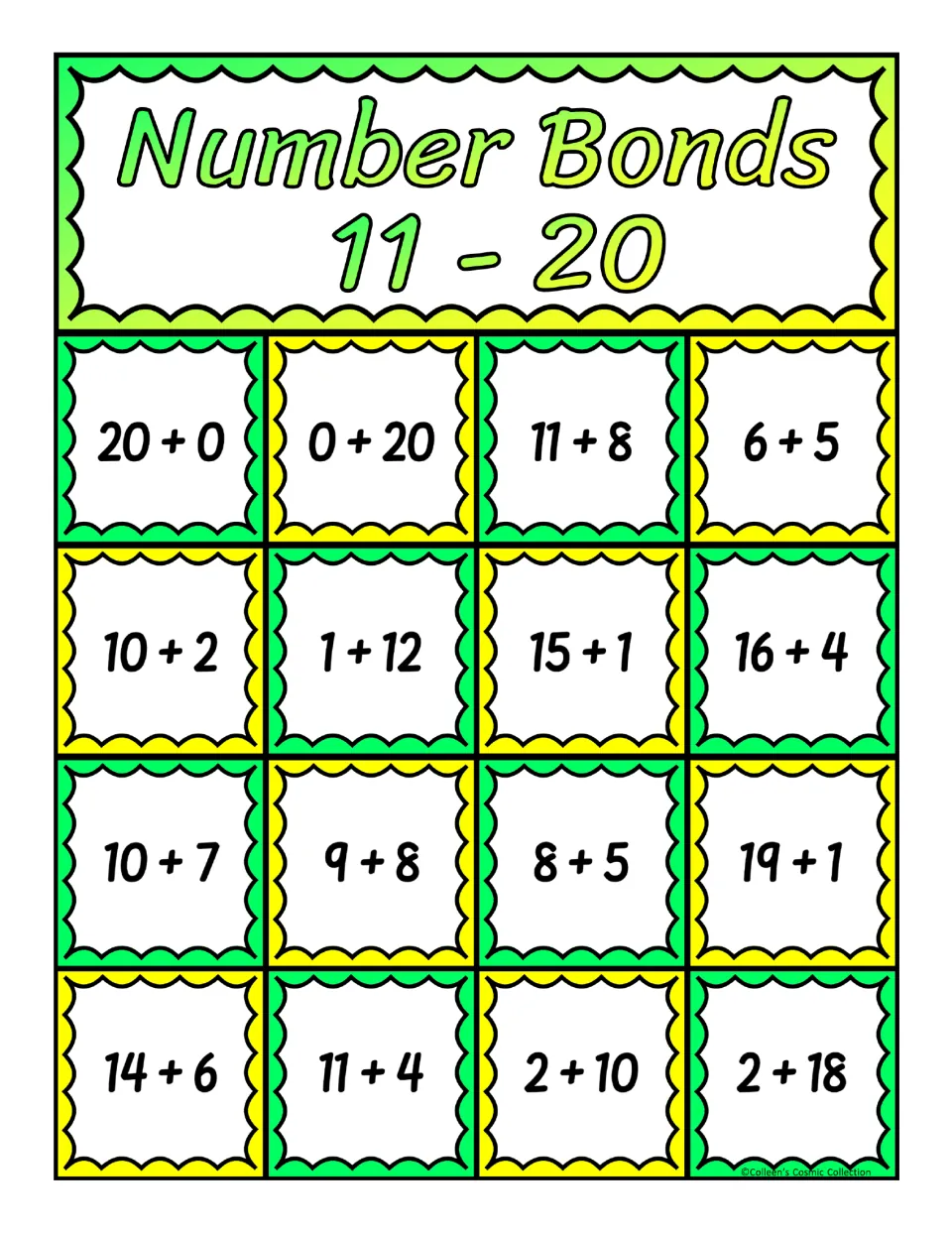 Number bonds bingo board of 16 addition facts with totals 11 to 20, such as 20 + 0, 11 + 8 and 2 + 18, for students to cover