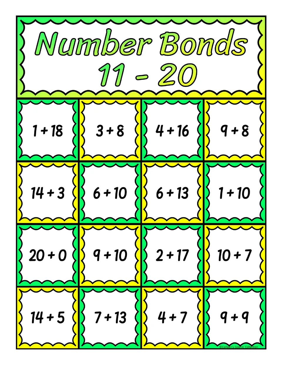 Bingo board with addition facts like 1 + 18, 4 + 16 and 9 + 9; students cover the fact whose total matches the called number