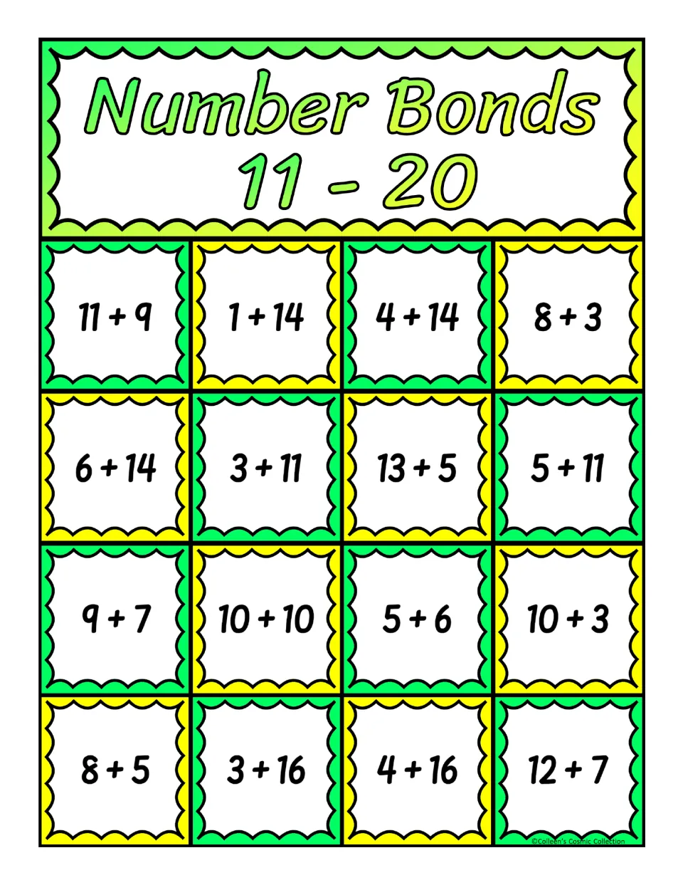Bingo board of sums such as 11 + 9, 10 + 10 and 3 + 16; players find facts that make the called total from 11 to 20