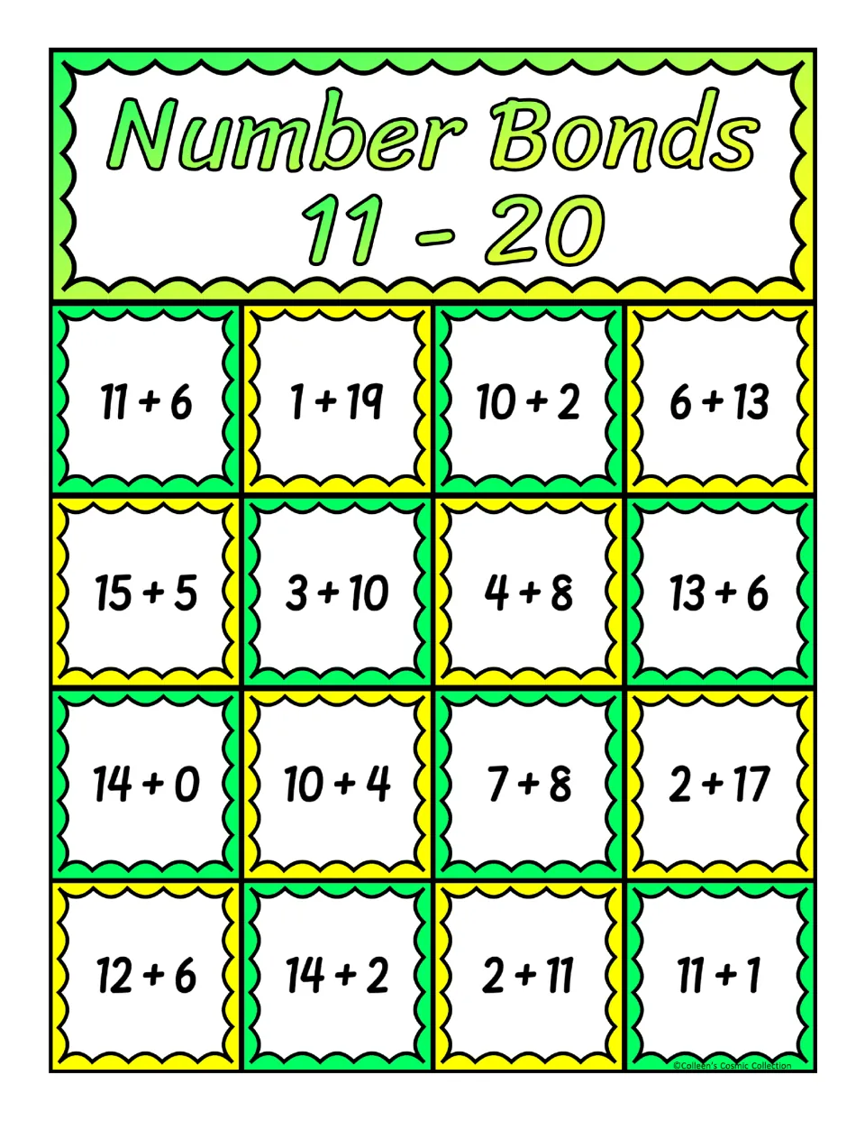 Bingo board listing addition facts including 11 + 6, 1 + 19, 14 + 0 and 11 + 1 for matching sums to called numbers 11 to 20