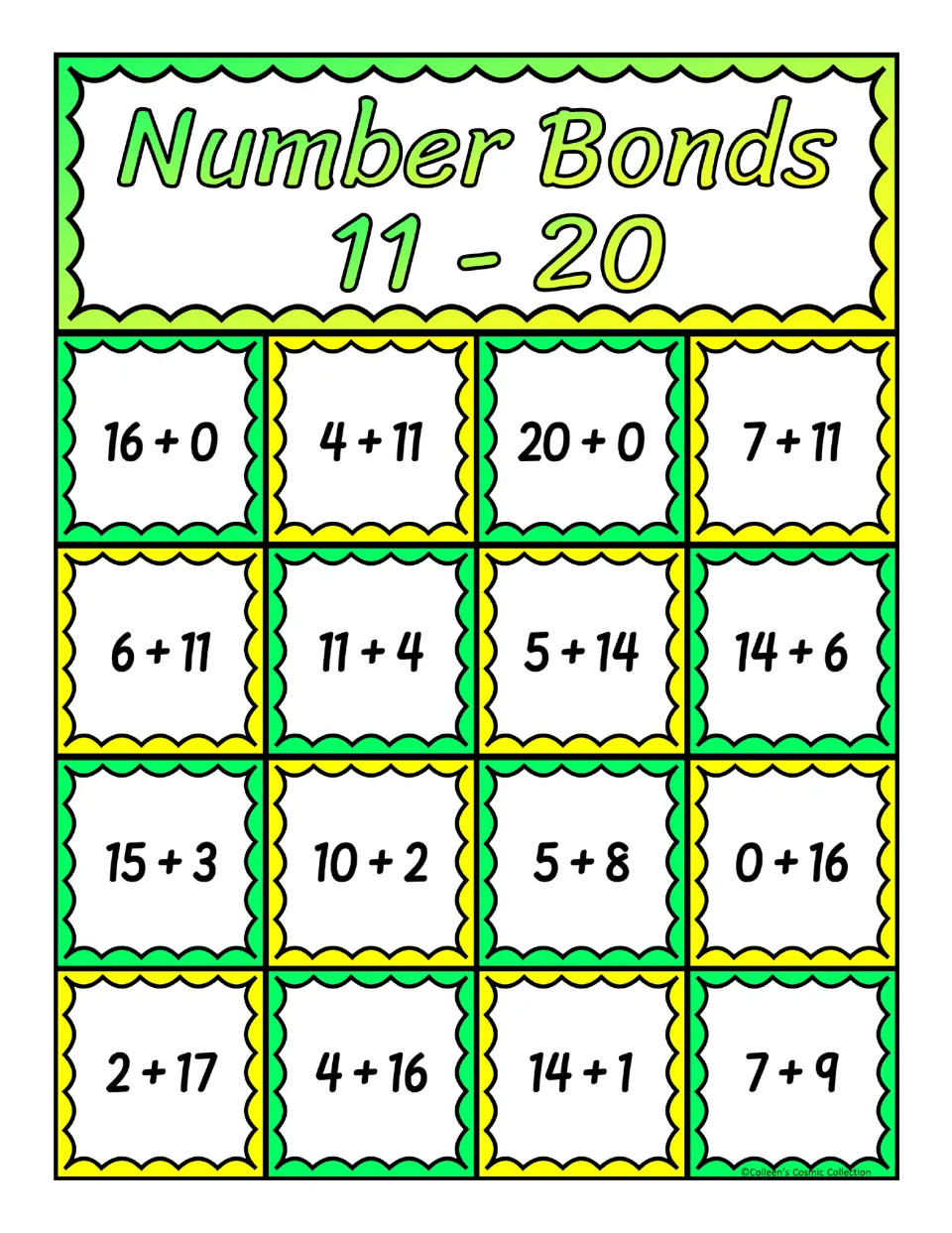 Bingo board with facts like 16 + 0, 4 + 11 and 7 + 9; students cover a sum equal to each called number to get three in a row