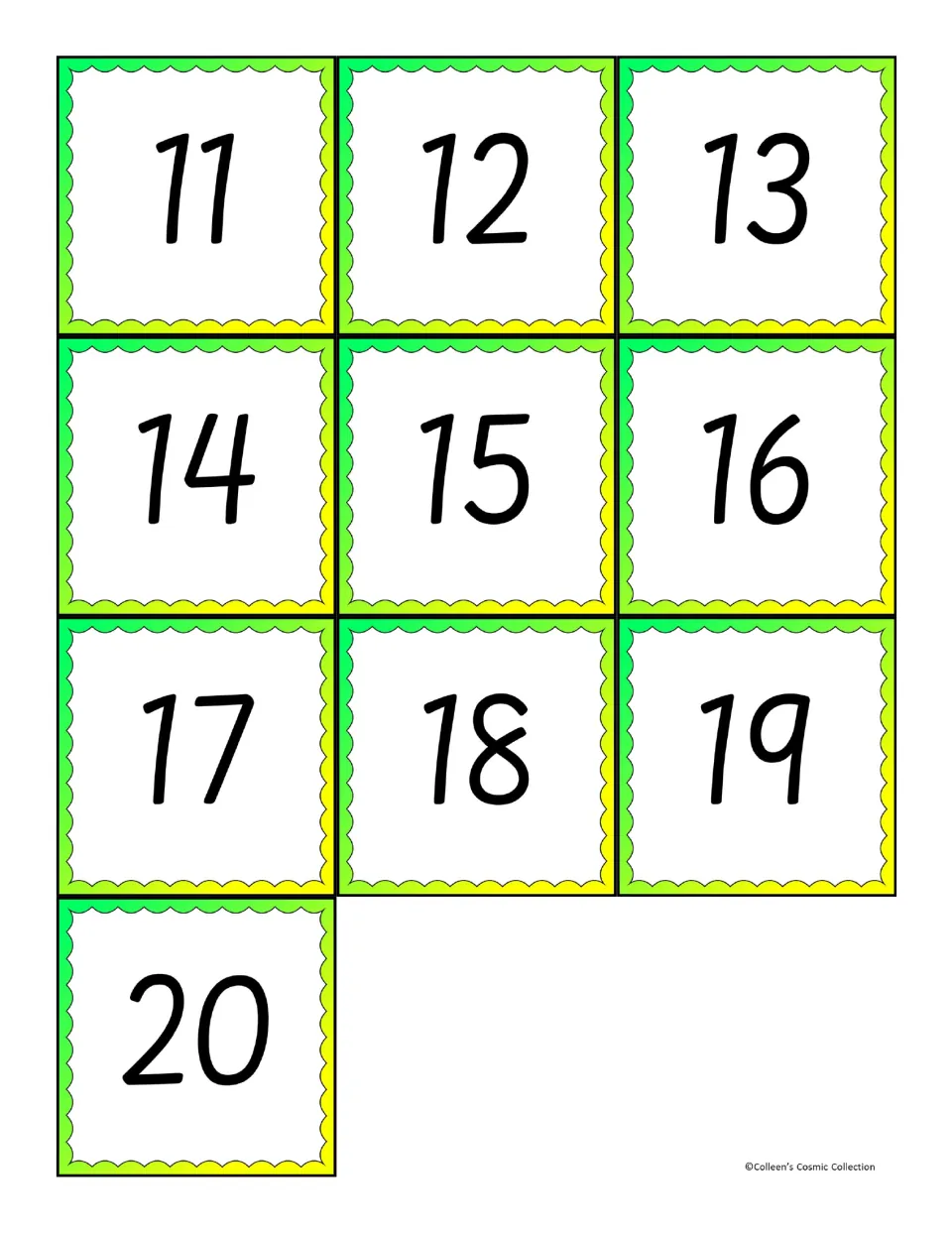 Calling cards numbered 11 to 20 to cut out; the caller draws a card and players look for a sum on their board that makes it