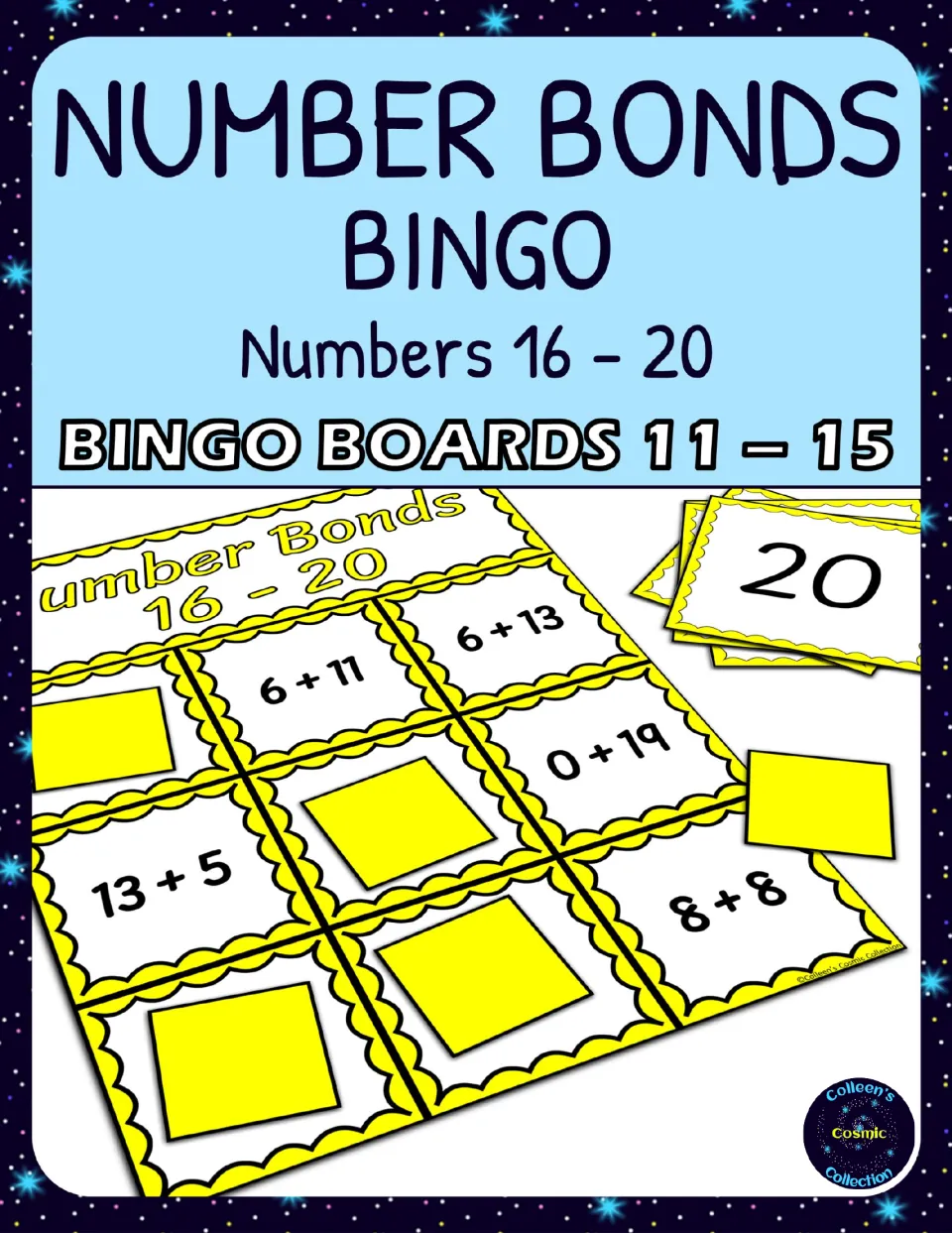 Cover for Number Bonds 16-20 Bingo - Boards 11-15, showing sample addition expressions and a 20 calling card