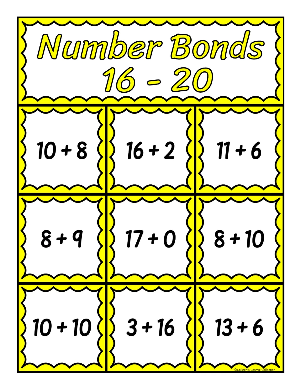First bingo board for sums 16–20, featuring nine addition expressions including 10 + 8, 16 + 2, and 11 + 6