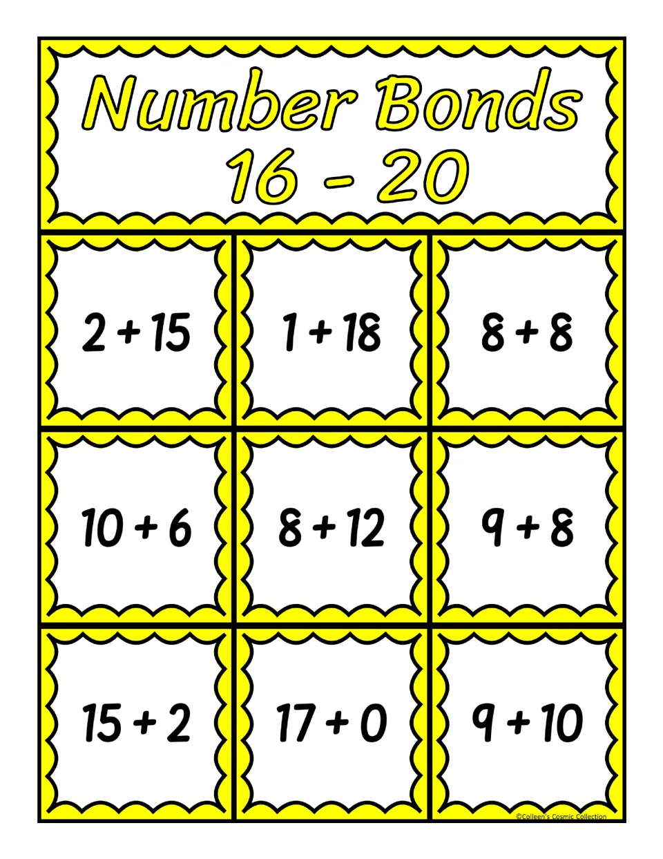 Second bingo board for sums 16–20, featuring nine addition expressions including 2 + 15, 1 + 18, and 8 + 8