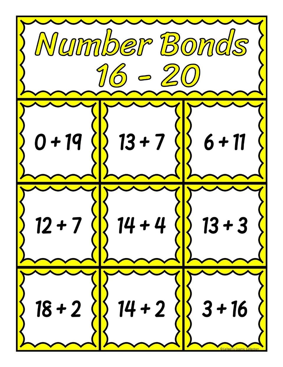 Third bingo board for sums 16–20, featuring nine addition expressions including 0 + 19, 13 + 7, and 6 + 11