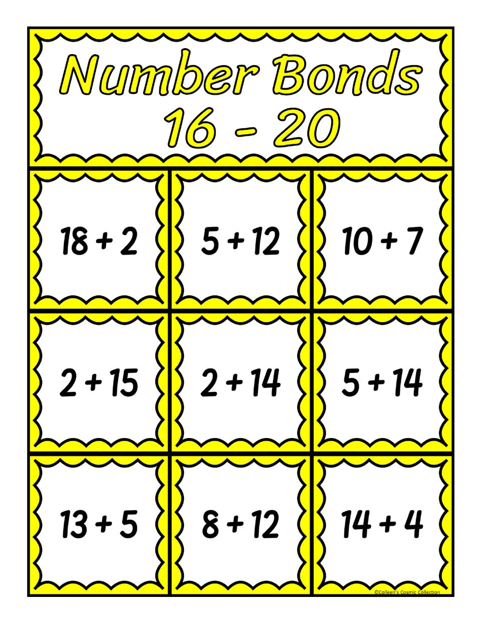 Fourth bingo board for sums 16–20, featuring nine addition expressions including 18 + 2, 5 + 12, and 10 + 7