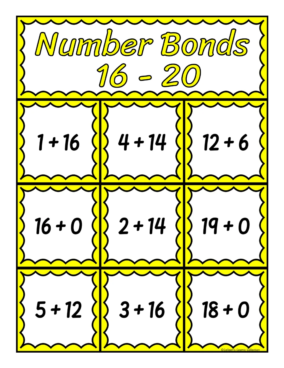 Fifth bingo board for sums 16–20, featuring nine addition expressions including 1 + 16, 4 + 14, and 12 + 6