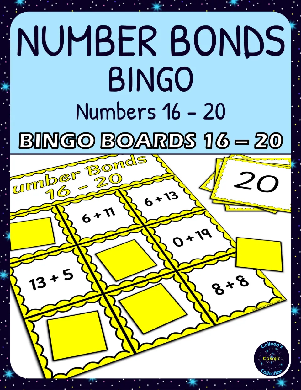 Cover of Number Bonds 16-20 Bingo - Boards 16-20, showing an addition bingo board and number calling cards