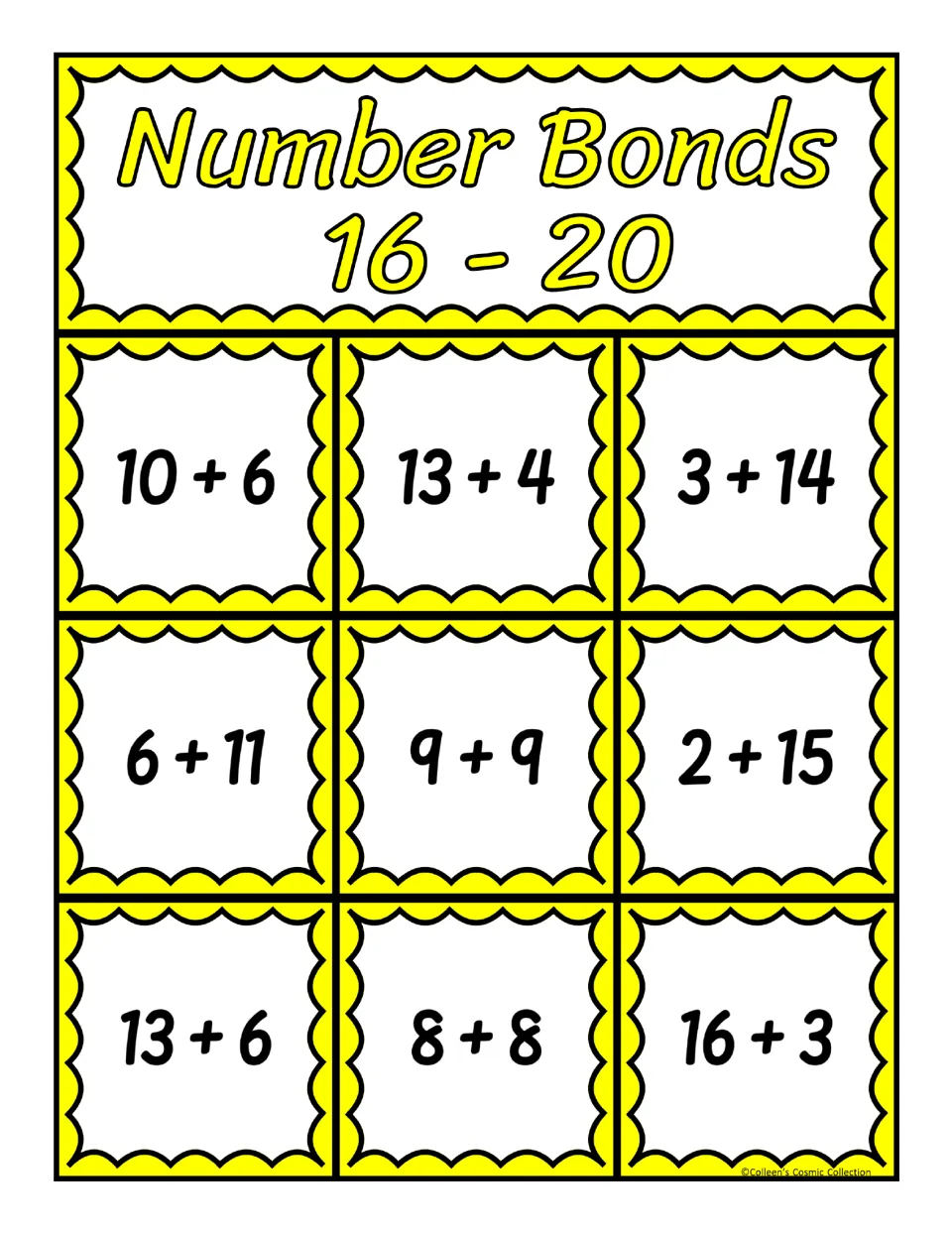 First of five bingo boards for sums 16–20, with nine addition expressions including 10 + 6, 13 + 4, and 3 + 14