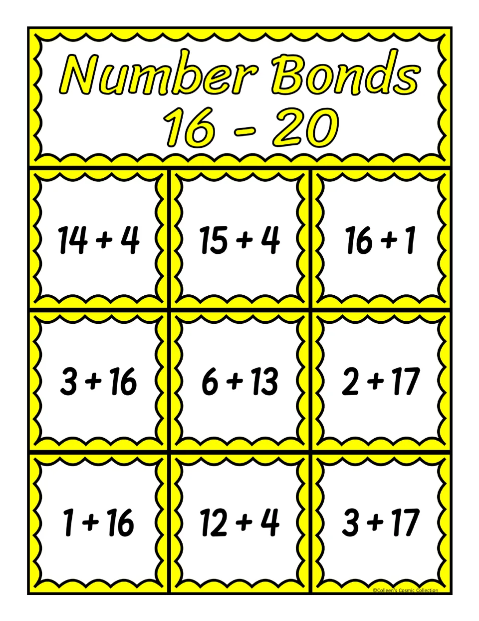 Second of five bingo boards for sums 16–20, with nine addition expressions including 14 + 4, 15 + 4, and 16 + 1