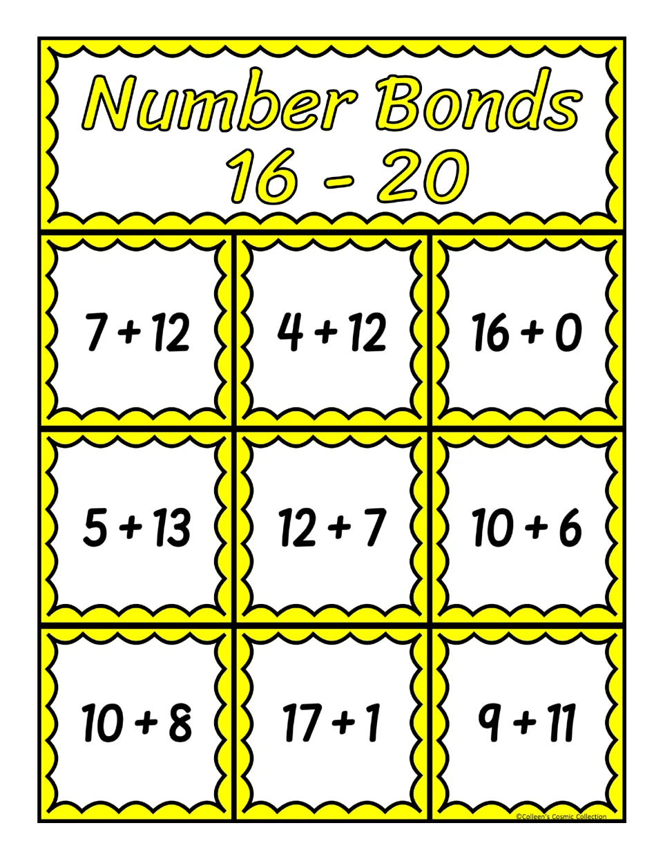 Third of five bingo boards for sums 16–20, with nine addition expressions including 7 + 12, 4 + 12, and 16 + 0