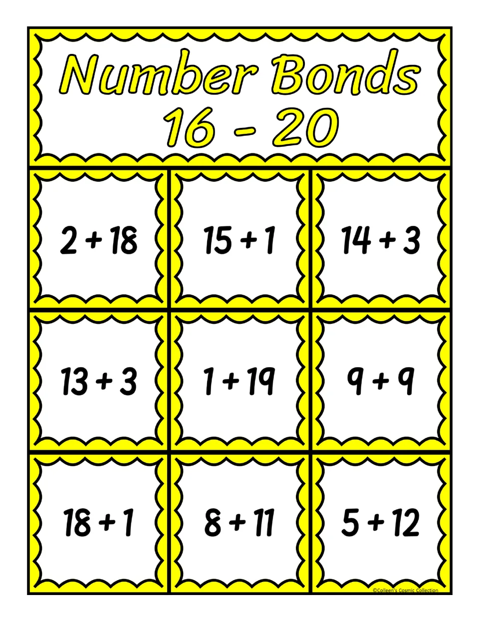 Fourth of five bingo boards for sums 16–20, with nine addition expressions including 2 + 18, 15 + 1, and 14 + 3