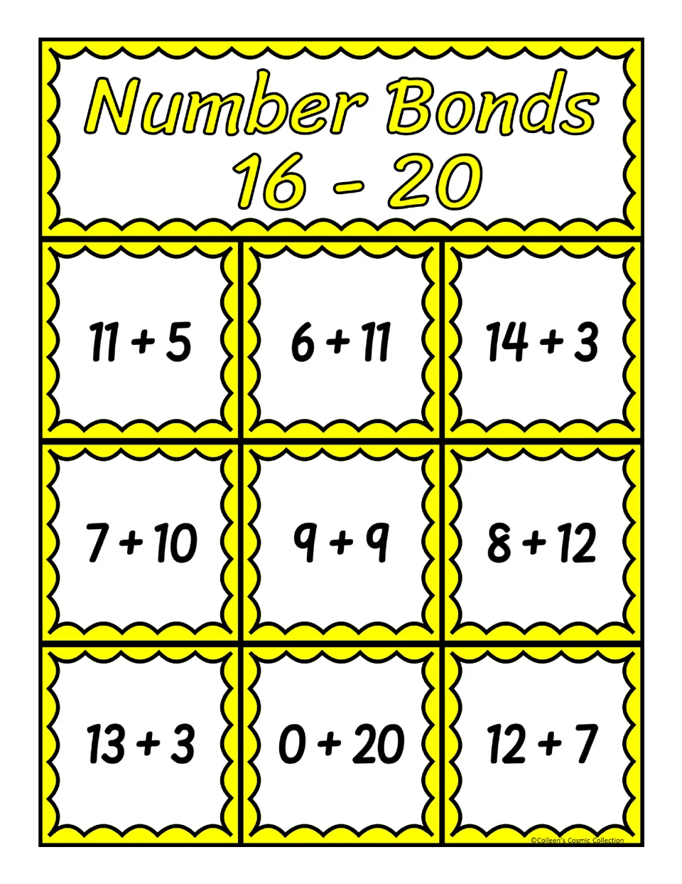 Fifth of five bingo boards for sums 16–20, with nine addition expressions including 11 + 5, 6 + 11, and 14 + 3