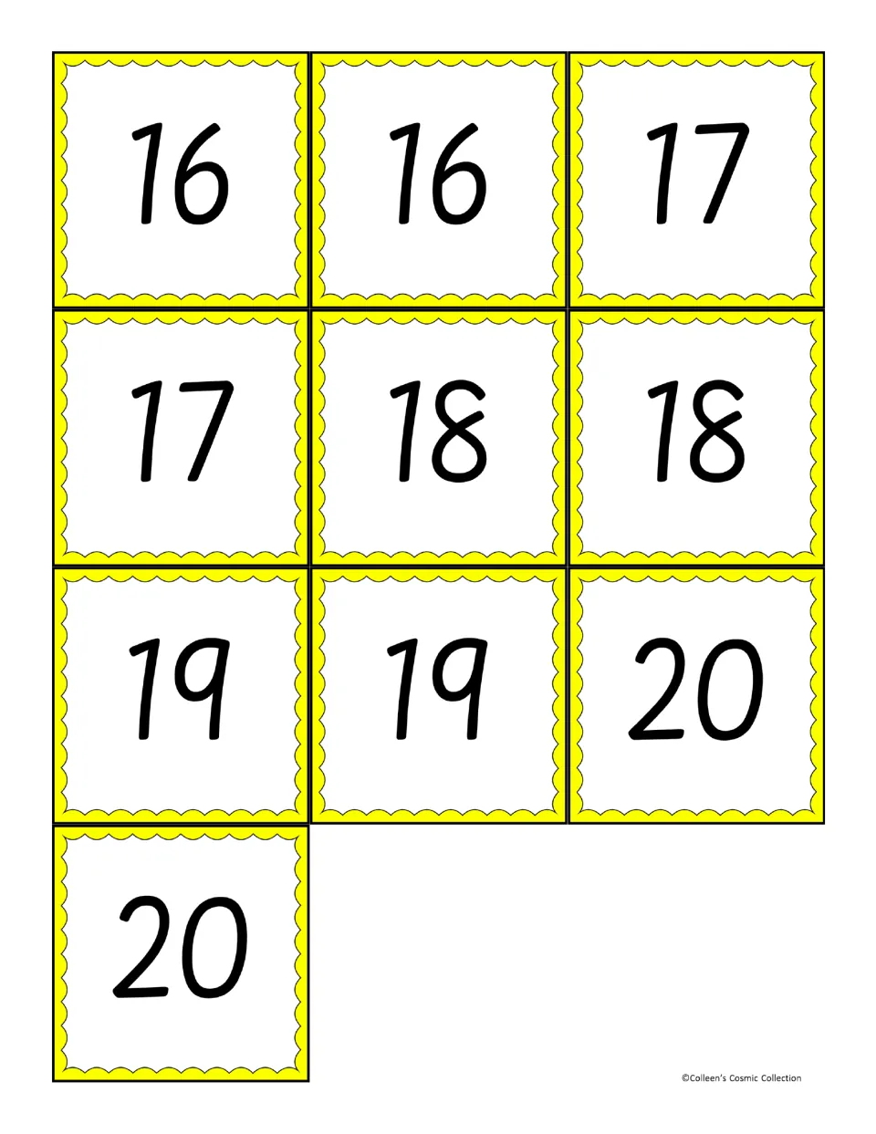 Ten bingo calling cards, two each for 16, 17, 18, 19, and 20, to match addition expressions on the boards