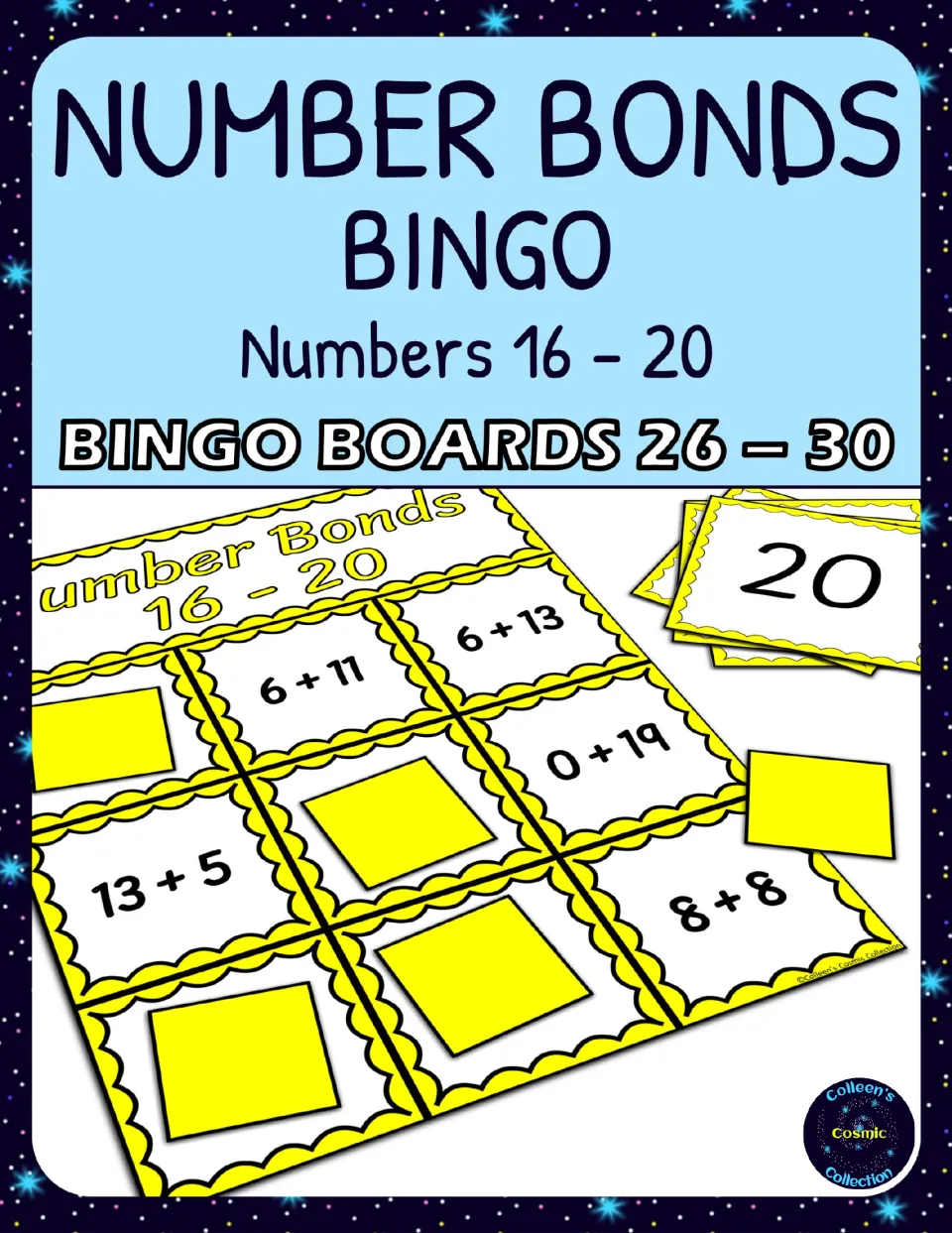 Cover of Number Bonds 16-20 Bingo - Boards 26-30, showing addition expressions, a calling card, and markers