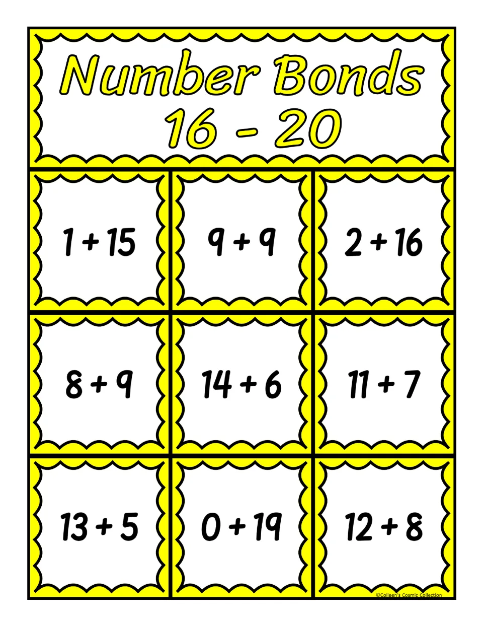 First bingo board for sums 16–20, featuring nine addition expressions including 1 + 15, 9 + 9, and 12 + 8