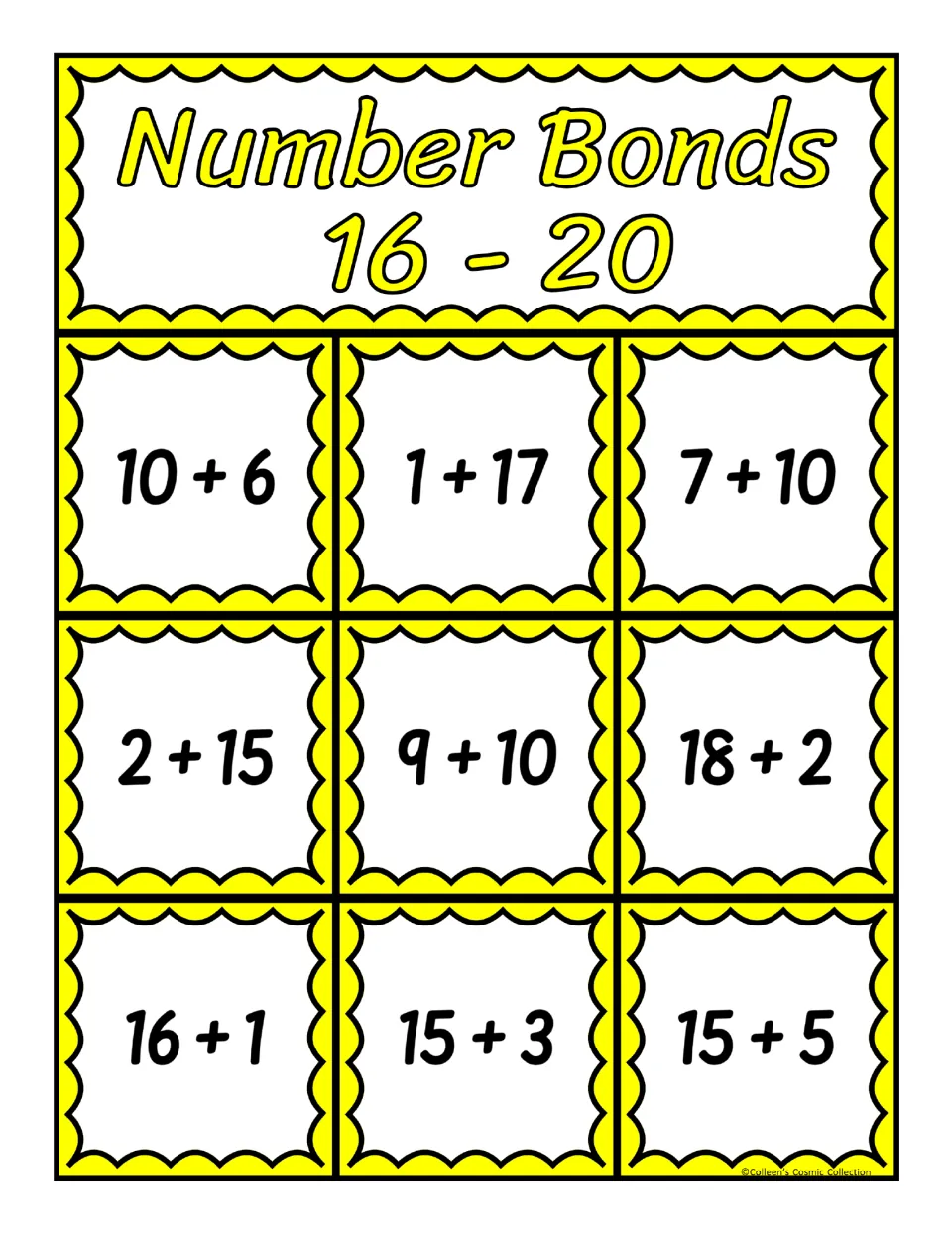 Second bingo board for sums 16–20, featuring nine addition expressions including 10 + 6, 1 + 17, and 15 + 5