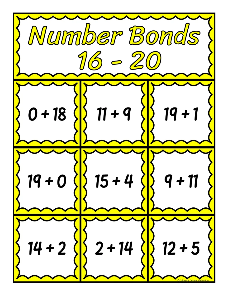 Third bingo board for sums 16–20, featuring nine addition expressions including 0 + 18, 11 + 9, and 12 + 5