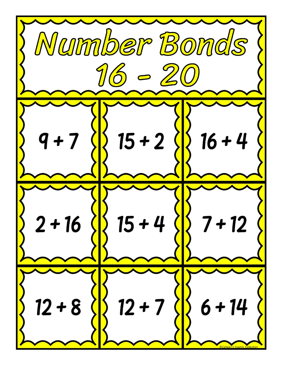 Fourth bingo board for sums 16–20, featuring nine addition expressions including 9 + 7, 15 + 2, and 6 + 14