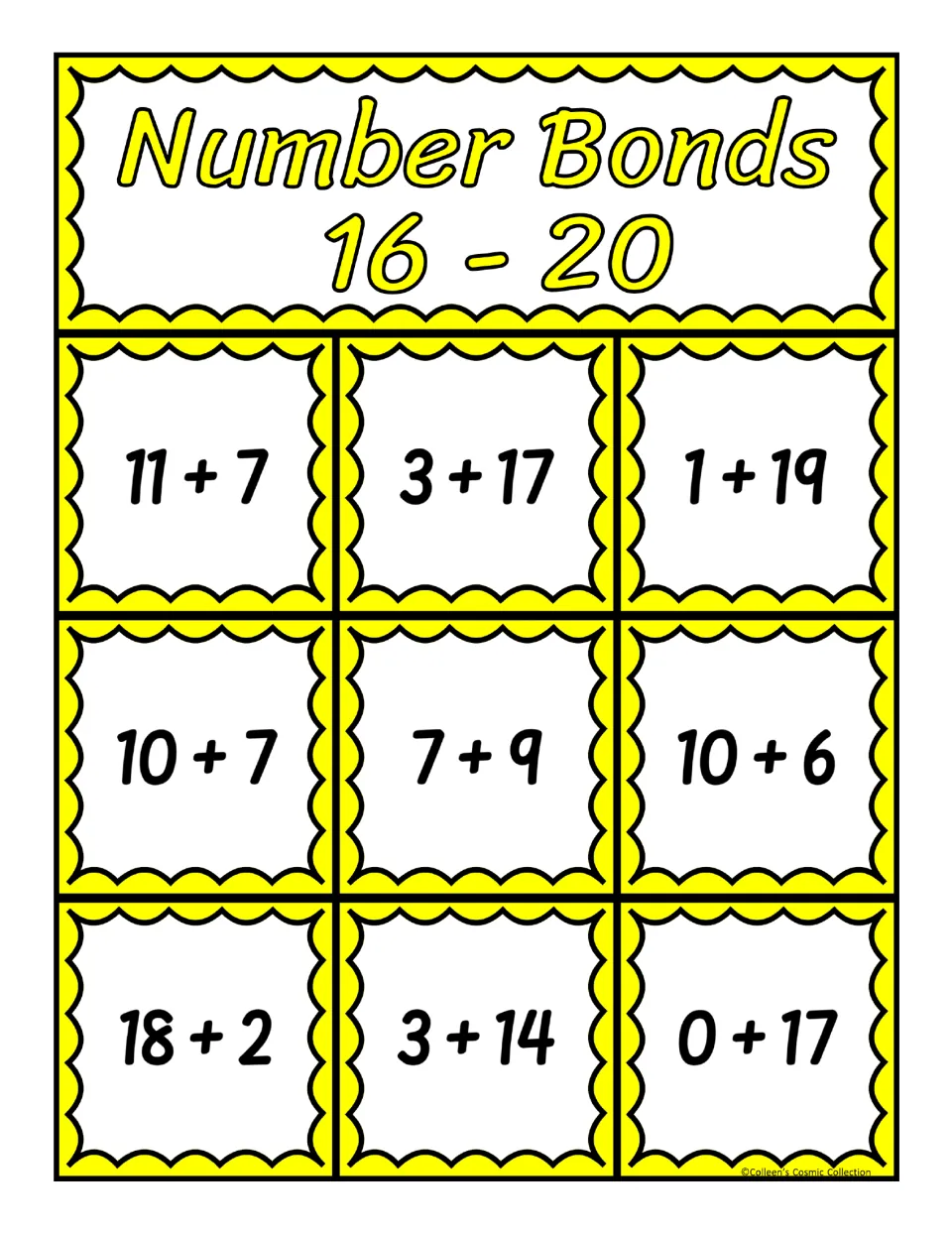 Fifth bingo board for sums 16–20, featuring nine addition expressions including 11 + 7, 3 + 17, and 0 + 17