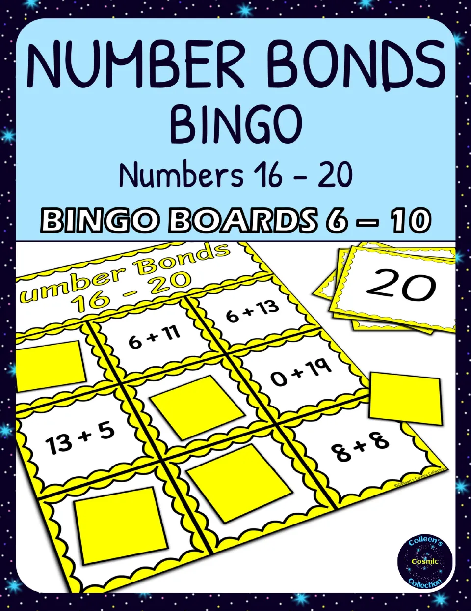 Number Bonds 16-20 Bingo - Boards 6-10 cover showing an example game board, markers, and number cards