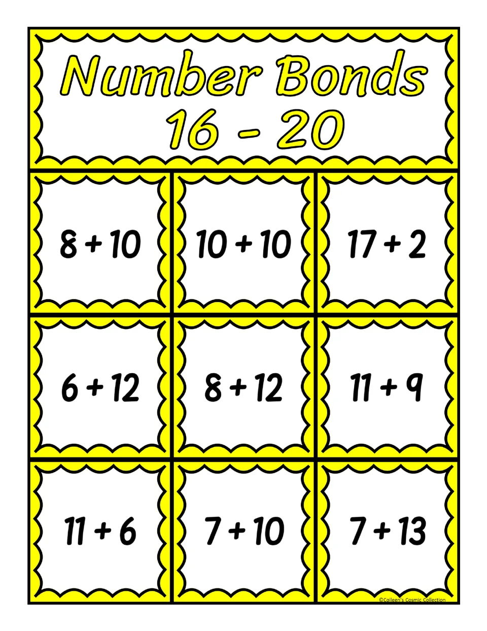 Second supplied bingo board for sums from 16 to 20 includes 8 + 10, 10 + 10, 17 + 2, and six more expressions