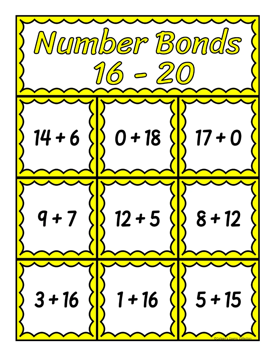 Third supplied bingo board for sums from 16 to 20 includes 14 + 6, 0 + 18, 17 + 0, and six more expressions