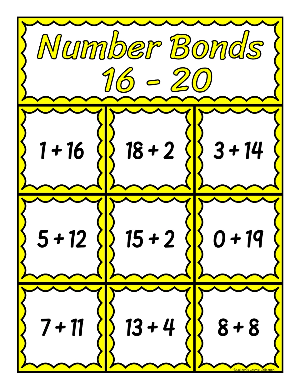 Fourth supplied bingo board for sums from 16 to 20 includes 1 + 16, 18 + 2, 3 + 14, and six more expressions