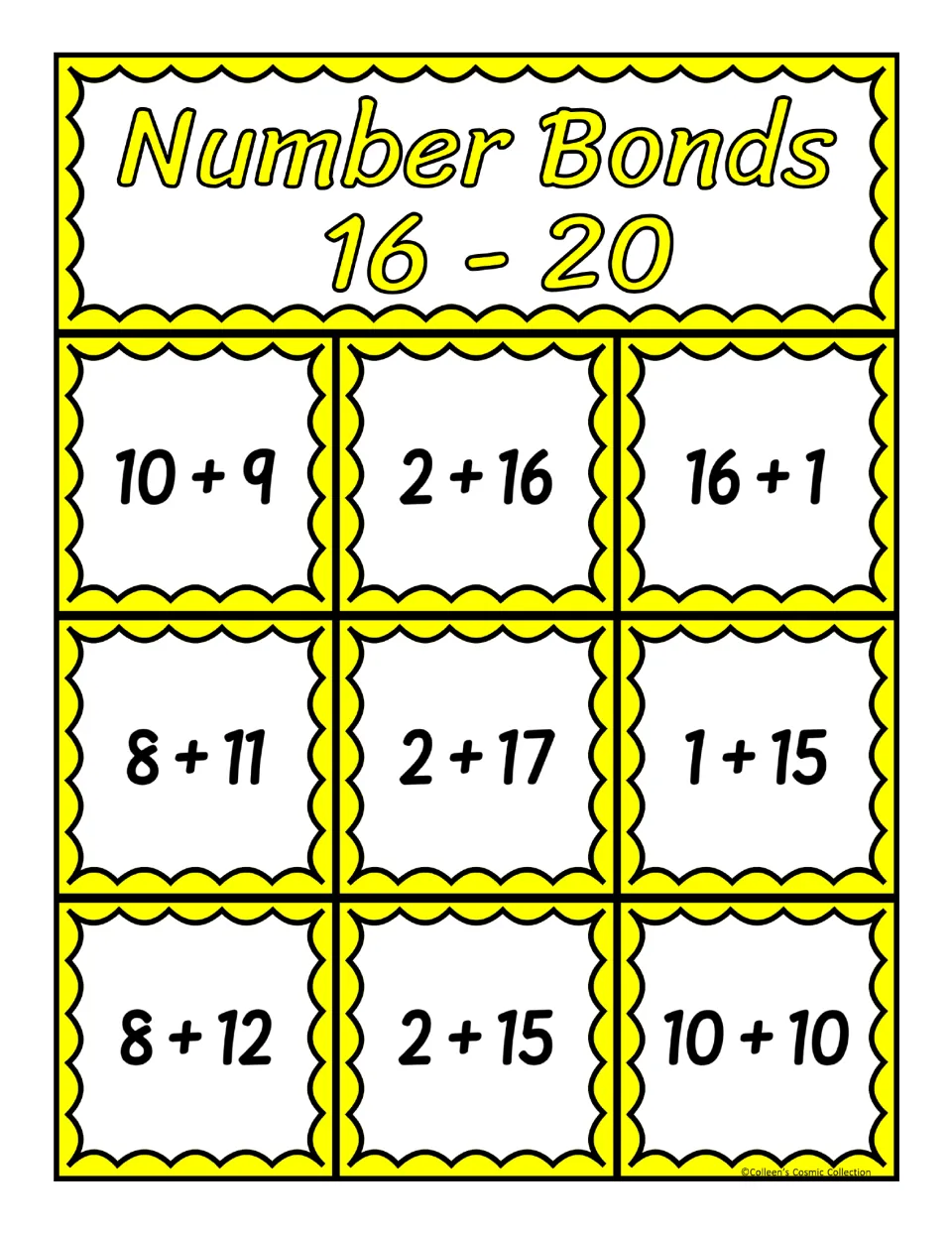 Fifth supplied bingo board for sums from 16 to 20 includes 10 + 9, 2 + 16, 16 + 1, and six more expressions